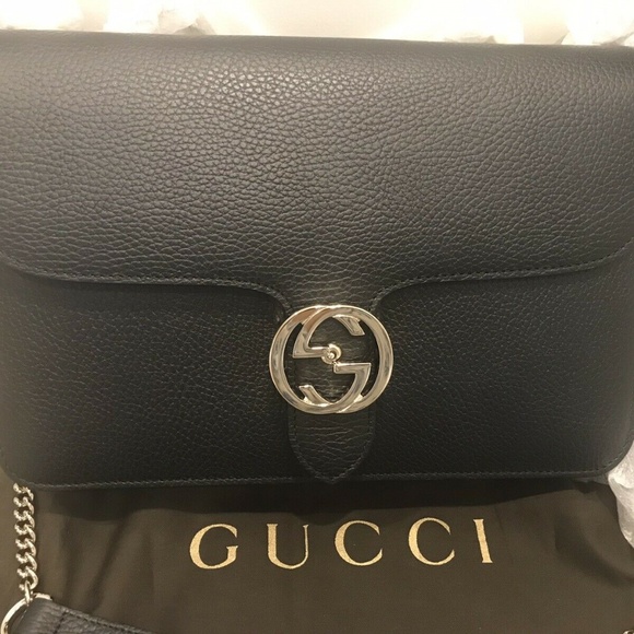 Gucci Interlocking GG Black Medium Pebbled Leather Chain Shoulder Bag (NEW) - Picture 1 of 11